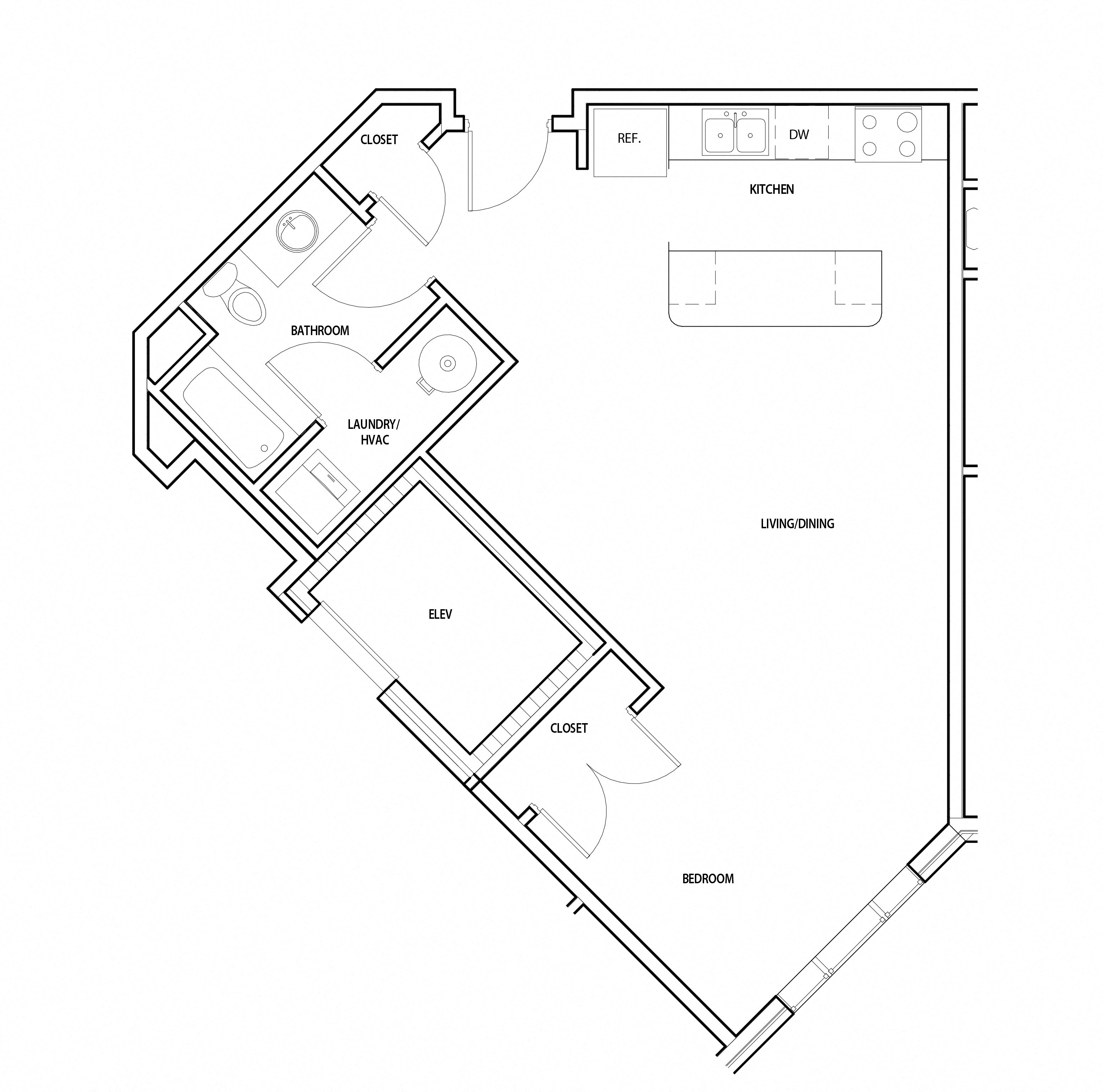 Floor plan for studio, 1 bath, 630 sqft